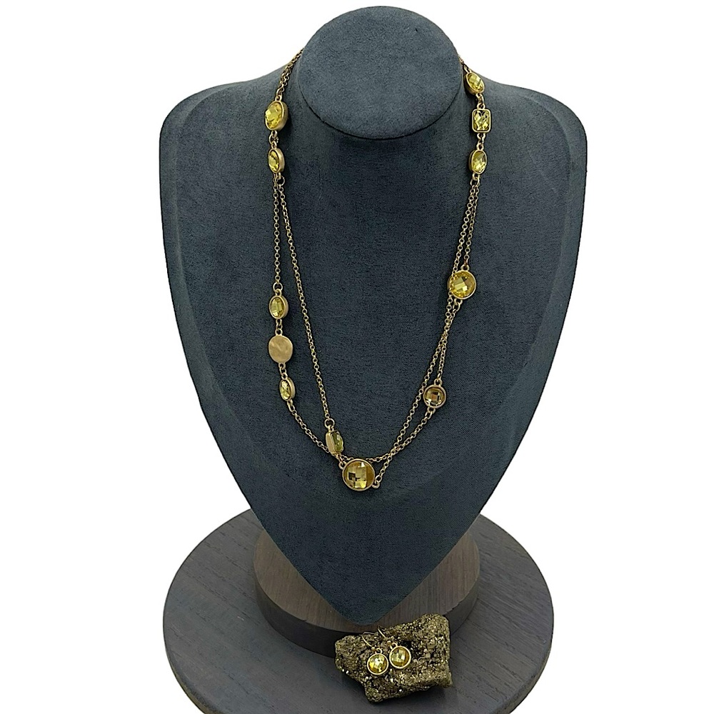 Gold Tone Long Chain Necklace With Yellow Coins & Crystals & Drop Earrings‎ Set